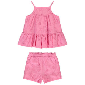 Ensemble débardeur + short rose en broderie anglaise pour bébé fille 