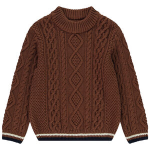 Pull en tricot uni effet torsadé avec liseré coloré pour garçon  