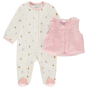 Dors-bien en velours fantaisie + gilet rose pour bébé fille (ouvertures différentes selon l'âge) 
