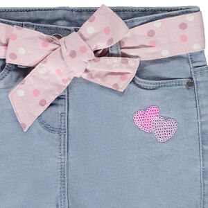 Short en denim avec ceinture foulard et coeurs en sequins pour bébé fille 