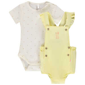Ensemble body fantaisie + barboteuse salopette unie pour bébé fille 