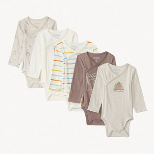 Lot de 5 bodies manches longues Dinos pour bébé garçon avec ouvertures différentes selon l'âge 
