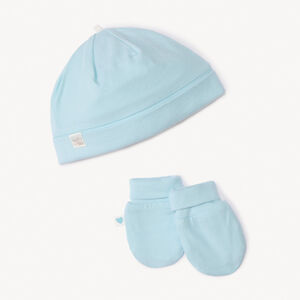 Set bonnet + moufles de naissance uni pour bébé garçon 