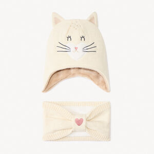 Set en tricot bonnet ludique chat + snood pour bébé fille 