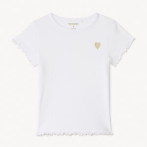 T-shirt manches courtes en maille côtelée uni broderie cœur pour fille 
