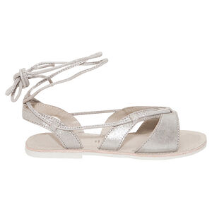 Nu-pieds argentés en cuir avec laçage cheville 