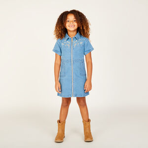 Robe manches courtes en jean brodé pour fille 