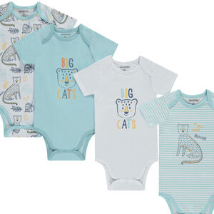 Lot de 7 bodies manches courtes motifs félins pour bébé garçon avec ouvertures différentes selon l'âge 
