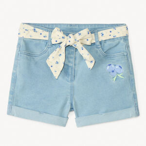 Short en denim avec broderie fruit + ceinture à nouer pour bébé fille 
