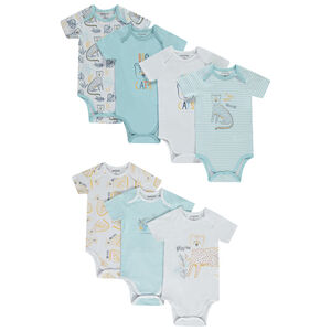 Lot de 7 bodies manches courtes motifs félins pour bébé garçon avec ouvertures différentes selon l'âge 