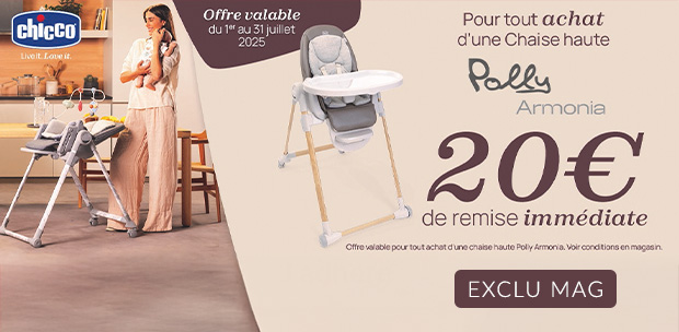 Pour tout achat d'une chaise haute polly armonia, 20€ de remise immédiate
